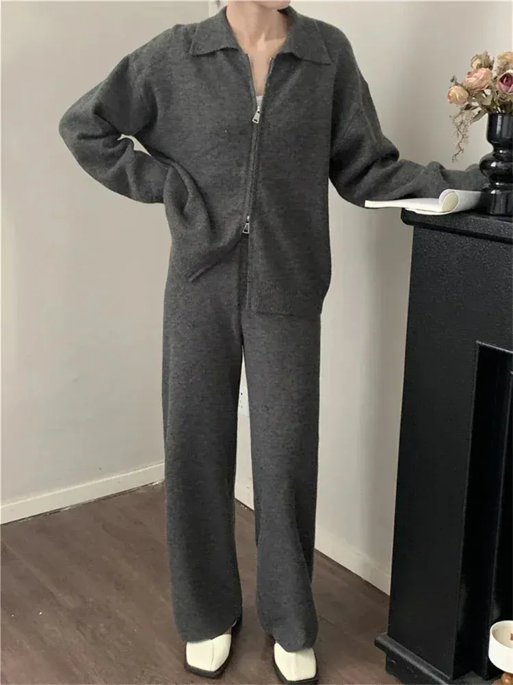 Flytonn-Women Sweater Winter 2 Piece Sets Elegnat Knitted Suits Female Sweaters Vintage Womens Pants High Waist Autumn Vintage Vestidos