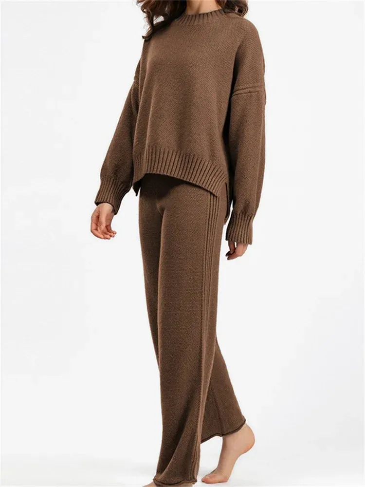 JuliaFashion - Solid Round Neck Sweaters Tops Wide Leg Pants Suits
