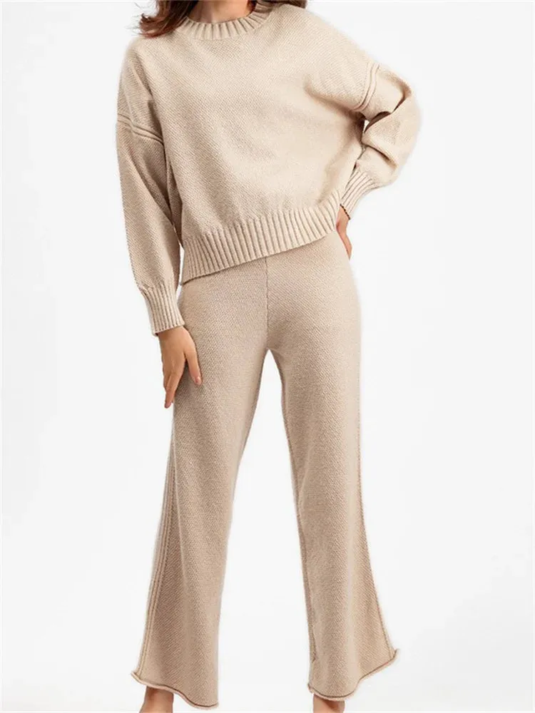 JuliaFashion - Solid Round Neck Sweaters Tops Wide Leg Pants Suits